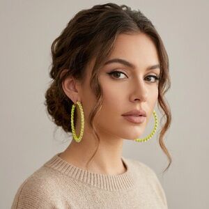 Neon Green Woven Rhinestone Hoop Earrings, Statement Festival Y2K Bold Jewelry